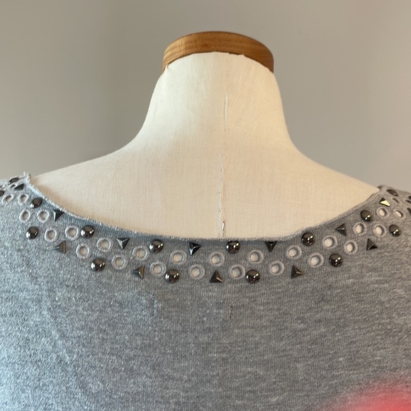 MAX JEANS Grey STUDDED woman’s cut out neckline terry light sweatshirt / top SM - Picture 8 of 11